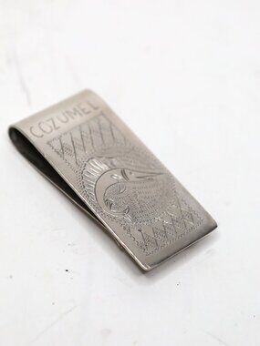 Vintage Cozumel Mexico Nickel Silver Money Clip Engraved Marlin Sailfish Fish